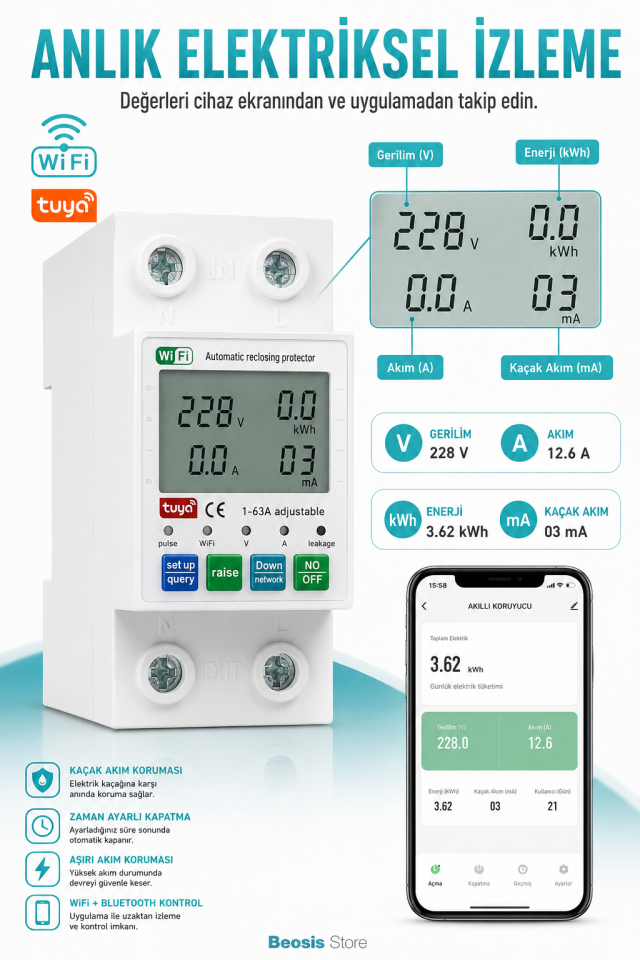 Tuya WiFi 1-63A Akıllı Otomatik Sigorta – Kaçak Akım ve Enerji İzleme