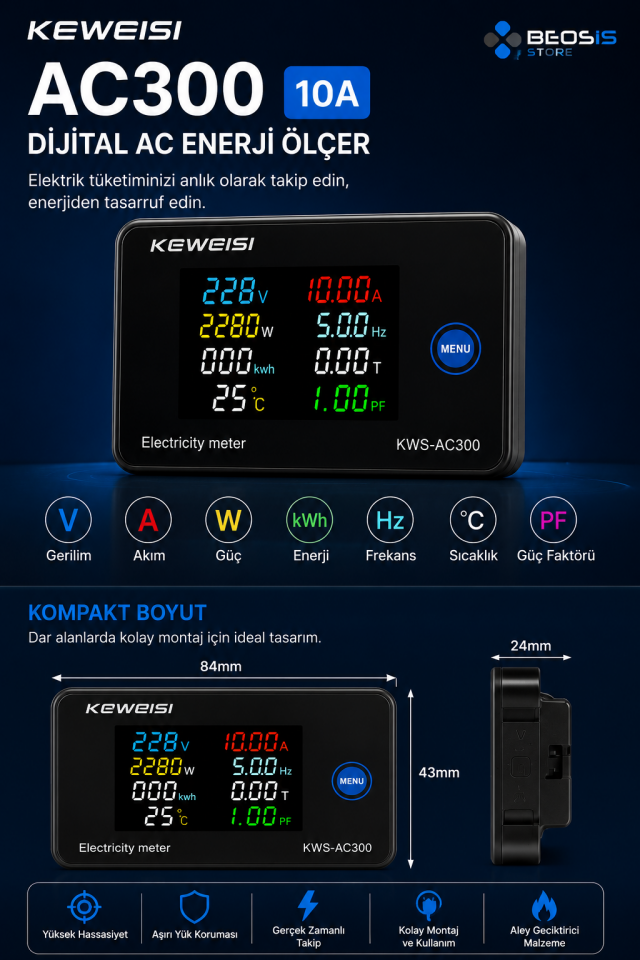 KWS-AC300 10A Dijital AC Enerji Analizörü – Renkli LCD, Voltmetre ve Wattmetre