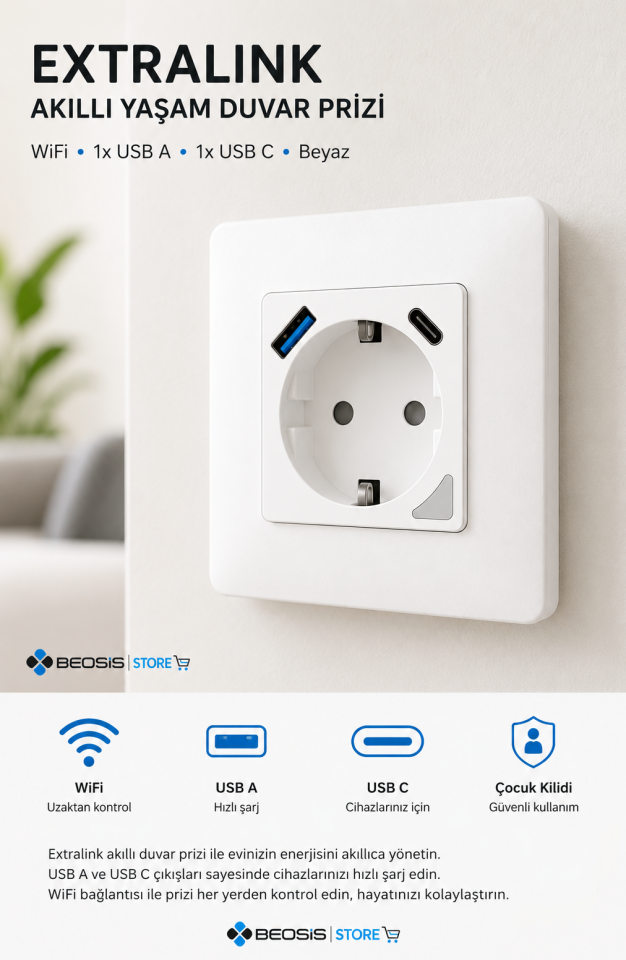 Smart Life Pro WiFi Akıllı Duvar Prizi 230V USB-A USB-C Tuya Beyaz