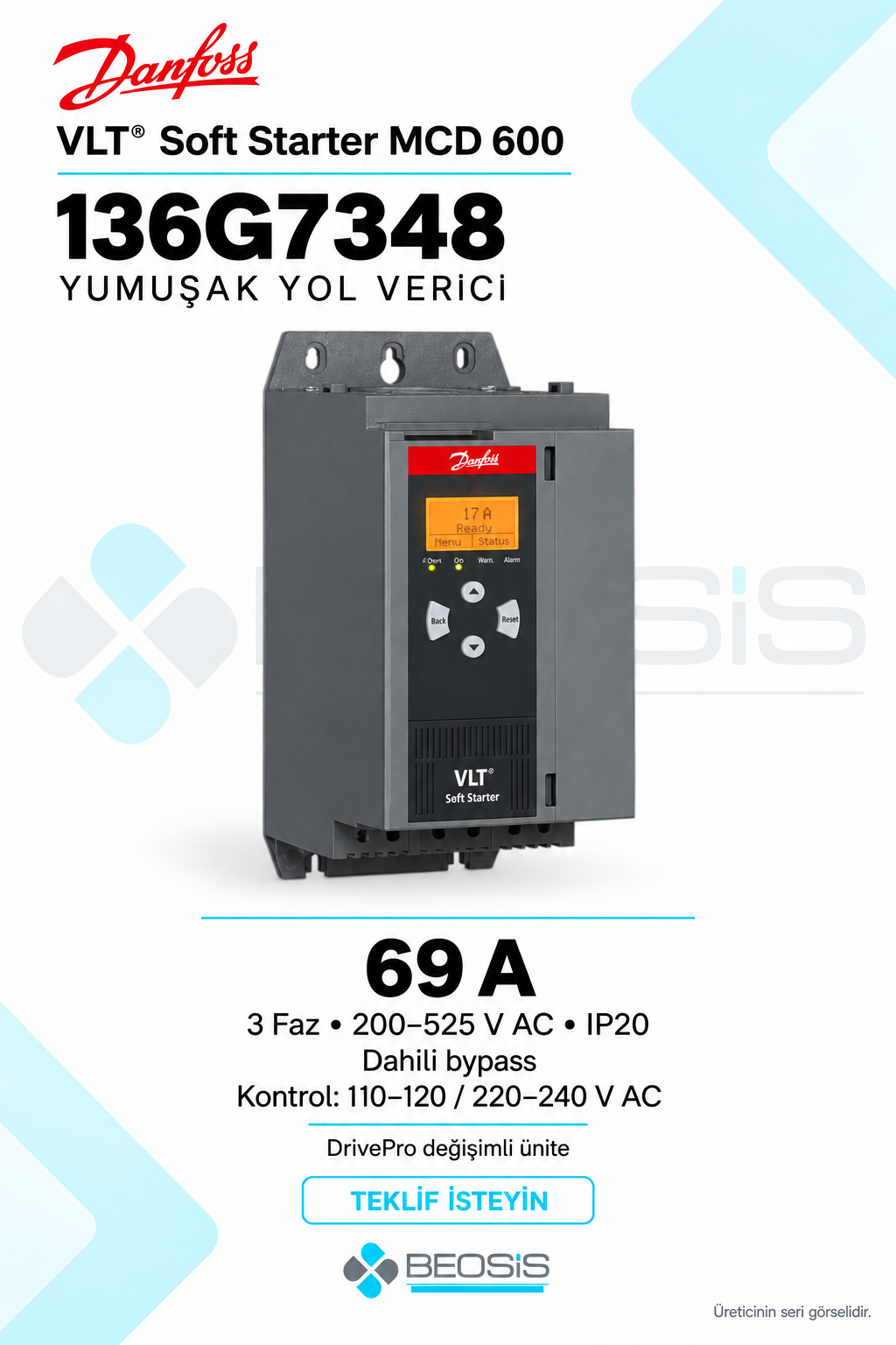 Danfoss 136G7348 VLT Soft Starter MCD 600 69 A 200–525 V IP20 Yumuşak Yol Verici