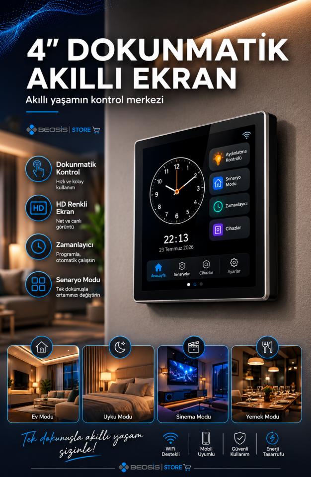 4 inç dokunmatik ekran, WiFi ve Zigbee, 3 röle çıkışlı, Tuya, Smart Life ve Fonri uyumluluğuyla akıllı ev kontrol paneli