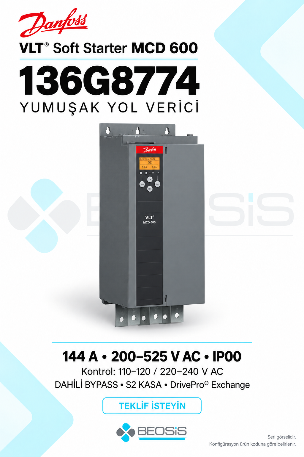 Danfoss 136G8774 VLT Soft Starter MCD 600 144 A 200–525 V IP00 Yumuşak Yol Verici