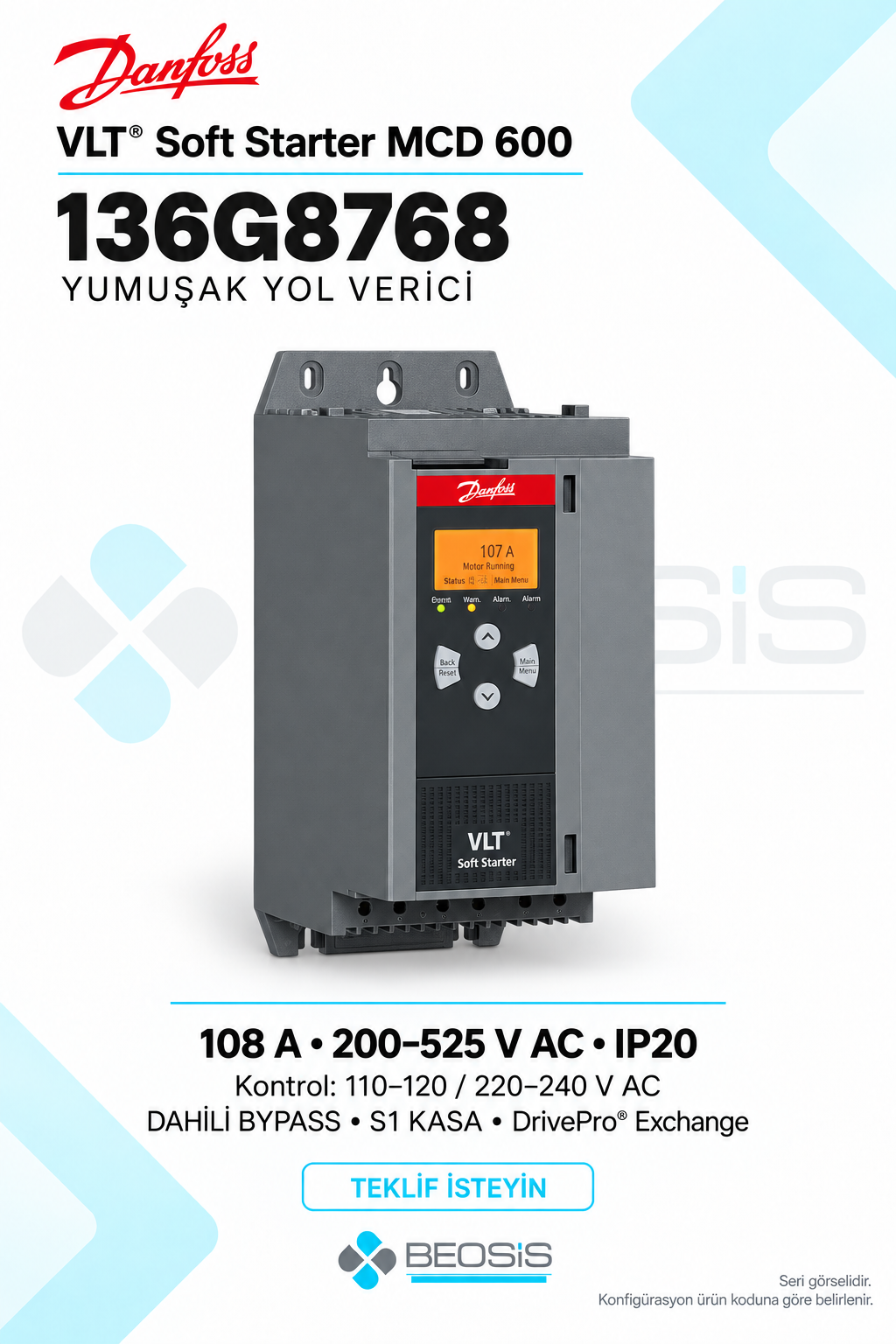 Danfoss 136G8768 VLT Soft Starter MCD 600 108 A 200–525 V IP20 Yumuşak Yol Verici