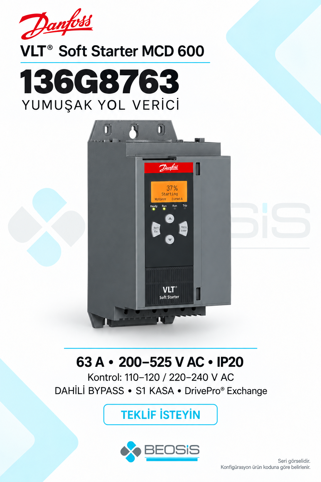 Danfoss 136G8763 VLT Soft Starter MCD 600 63 A 200–525 V IP20 Yumuşak Yol Verici