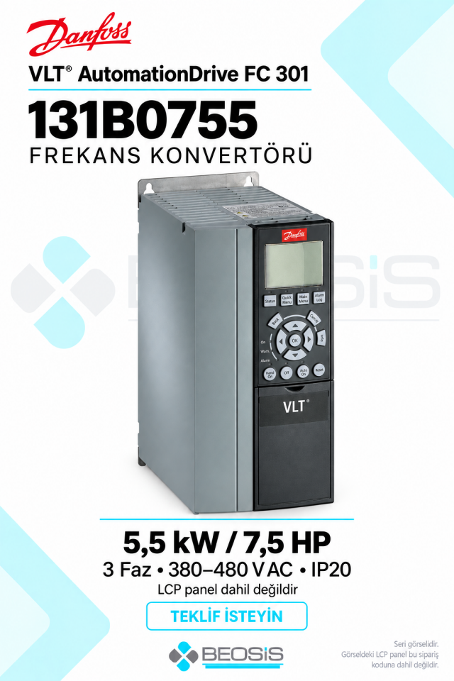 Danfoss 131B0755 VLT AutomationDrive FC 301 5,5 kW 380–480 V IP20 Panelsiz Motor Hız Kontrol Cihazı