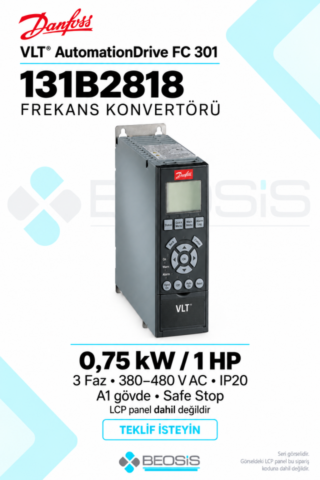 Danfoss 131B2818 VLT AutomationDrive FC 301 0,75 kW 380–480 V IP20 Panelsiz Motor Hız Kontrol Cihazı