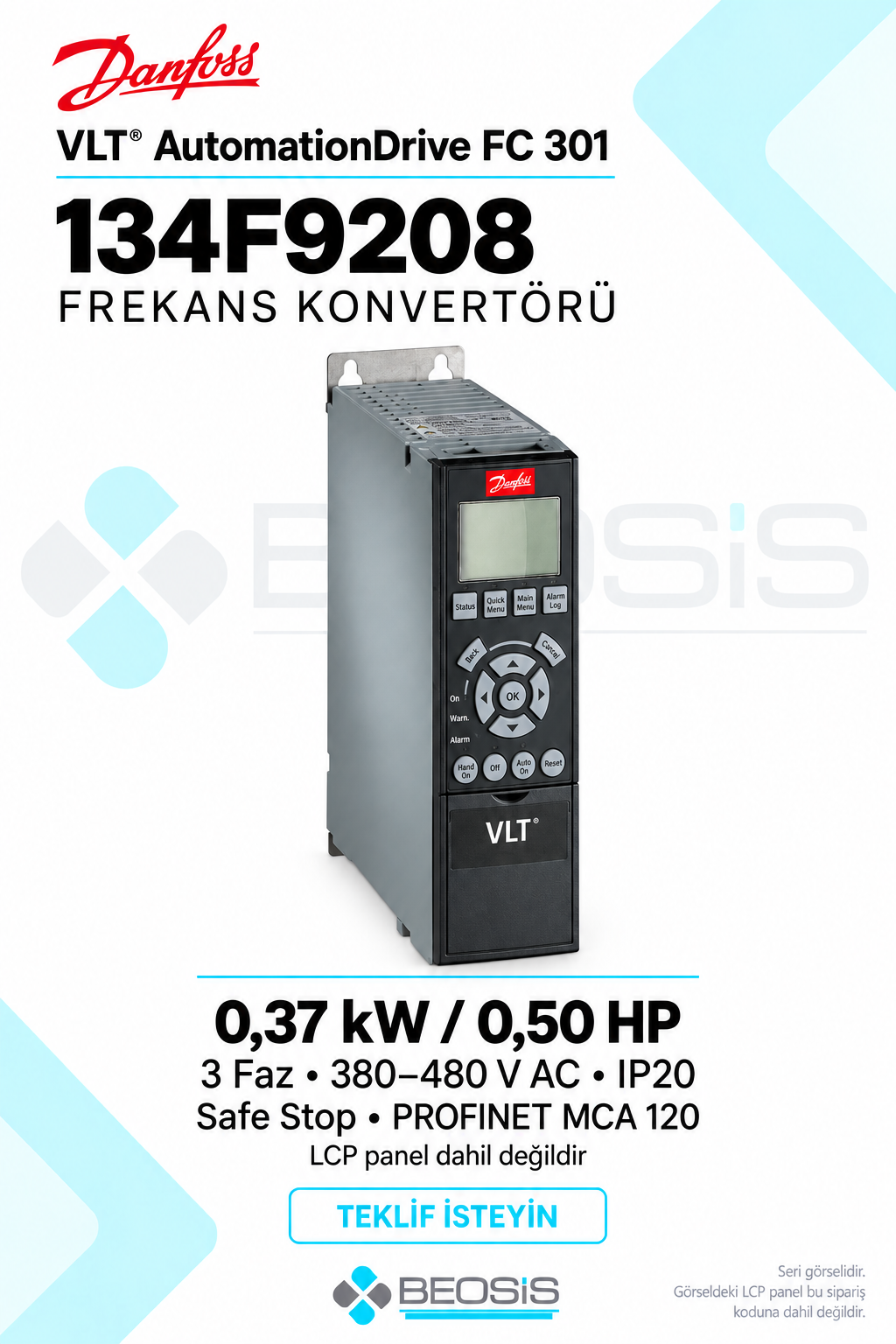 Danfoss 134F9208 VLT AutomationDrive FC 301 0,37 kW 380–480 V IP20 Panelsiz Motor Hız Kontrol Cihazı