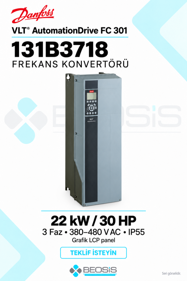 Danfoss 131B3718 VLT AutomationDrive FC 301 22 kW 380–480 V IP55 Grafik Panelli Motor Hız Kontrol Cihazı