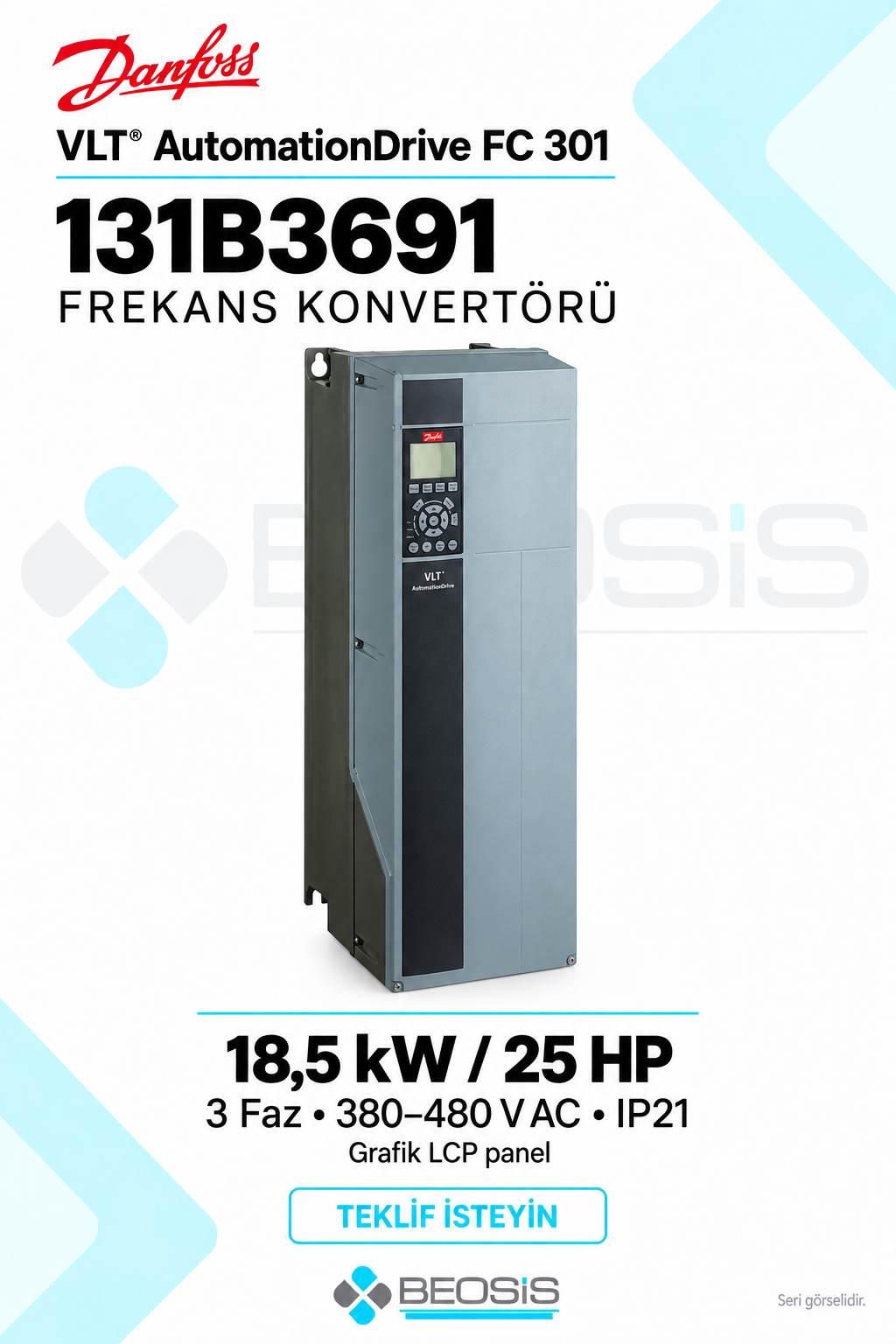 Danfoss 131B3691 VLT AutomationDrive FC 301 18,5 kW 380–480 V IP21 Grafik Panelli Motor Hız Kontrol Cihazı