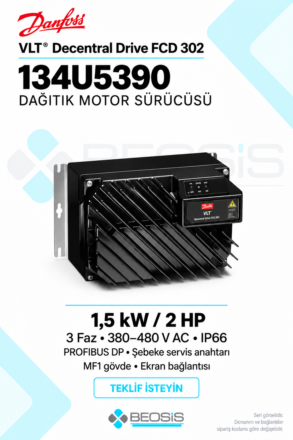 Danfoss 134U5390 VLT Decentral Drive FCD 302 1,5 kW 380–480 V IP66 PROFIBUS DP Dağıtık Motor Sürücüsü