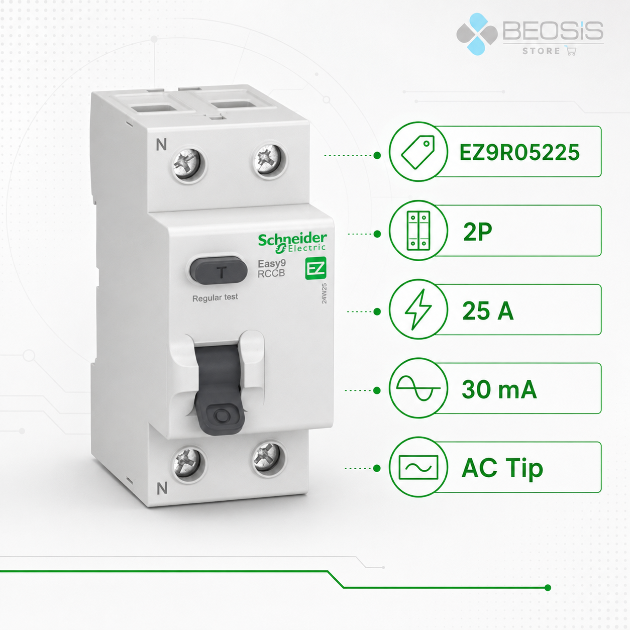 Schneider Electric Easy9 EZ9R05225 2P 25A 30mA AC Tip Kaçak Akım Koruma Rölesi