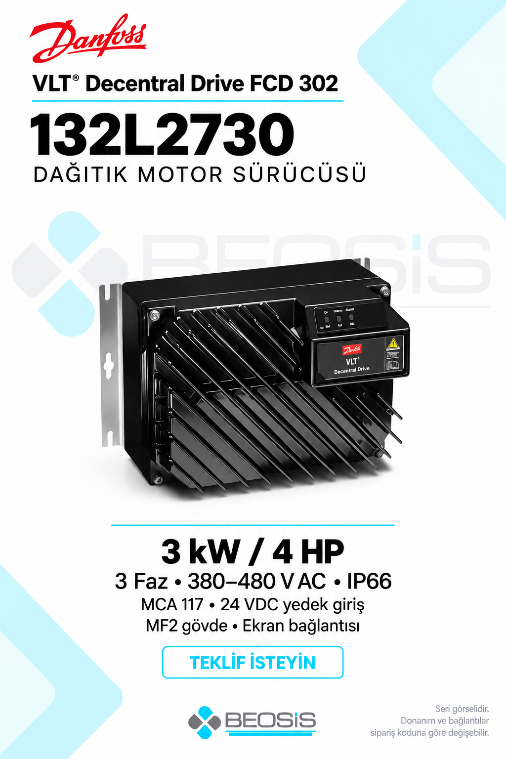 Danfoss 132L2730 VLT Decentral Drive FCD 302 3 kW 380–480 V IP66 MCA 117 Dağıtık Motor Sürücüsü