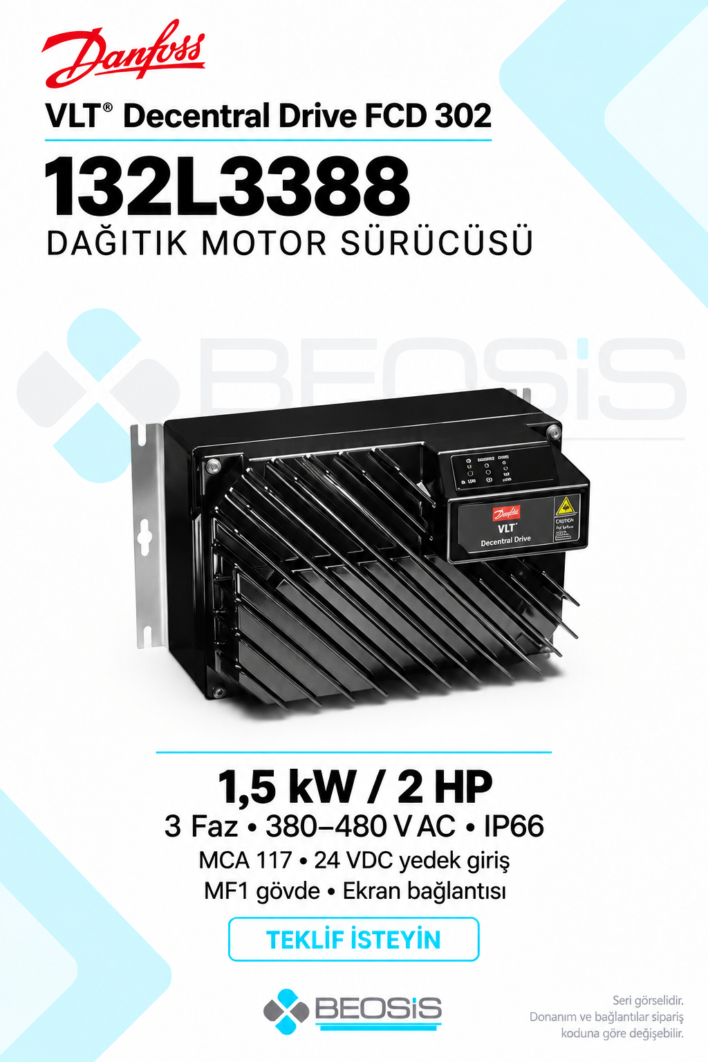 Danfoss 132L3388 VLT Decentral Drive FCD 302 1,5 kW 380–480 V IP66 MCA 117 Dağıtık Motor Sürücüsü