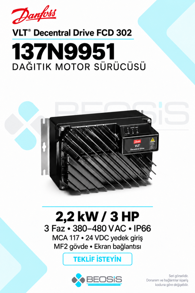 Danfoss 137N9951 VLT Decentral Drive FCD 302 2,2 kW 380–480 V IP66 MCA 117 Dağıtık Motor Sürücüsü