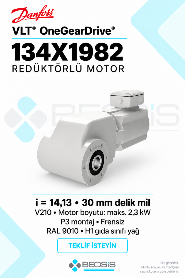 Danfoss 134X1982 VLT OneGearDrive i=14,13 30 mm Delik Mil P3 Frensiz Redüktörlü Motor