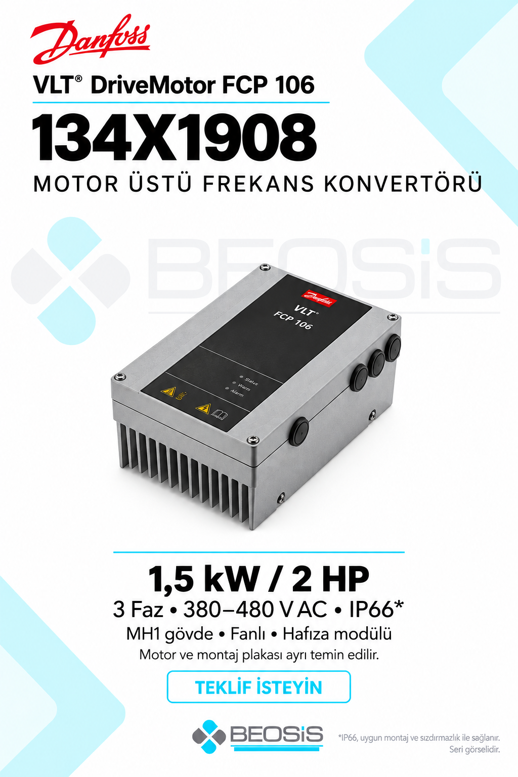 Danfoss 134X1908 VLT DriveMotor FCP 106 1,5 kW 380–480 V IP66 Motor Üstü Frekans Konvertörü