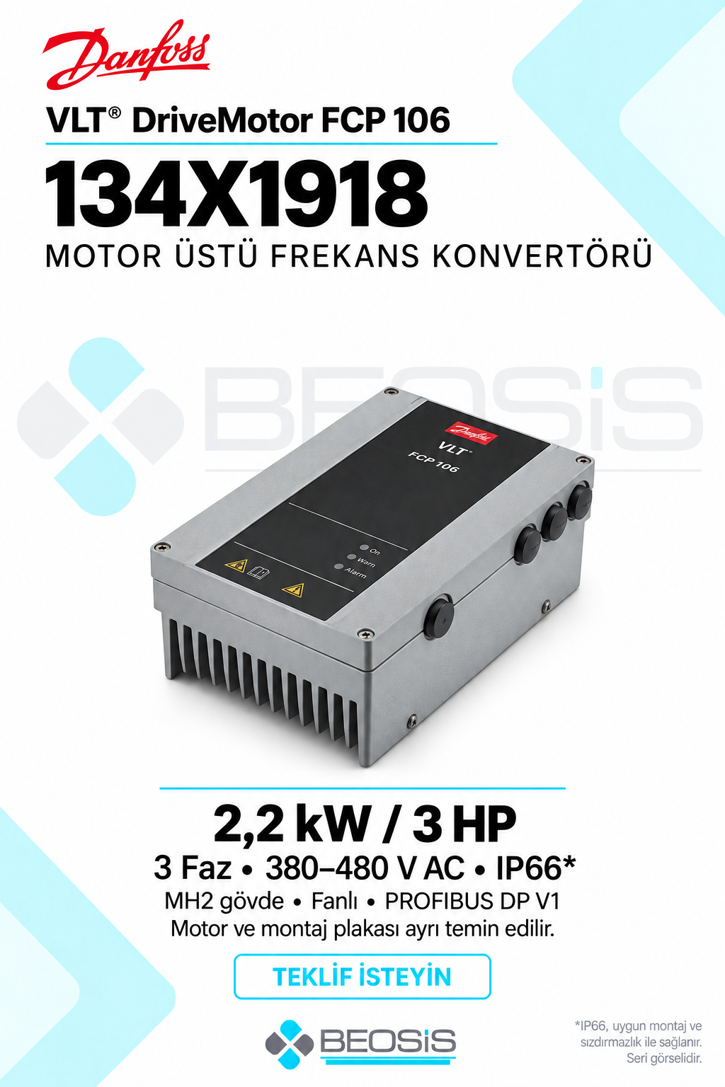 Danfoss 134X1918 VLT DriveMotor FCP 106 2,2 kW 380–480 V IP66 PROFIBUS DP V1 Motor Üstü Frekans Konvertörü
