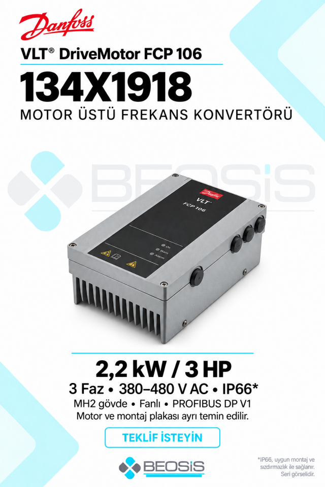 Danfoss 134X1918 VLT DriveMotor FCP 106 2,2 kW 380–480 V IP66 PROFIBUS DP V1 Motor Üstü Frekans Konvertörü