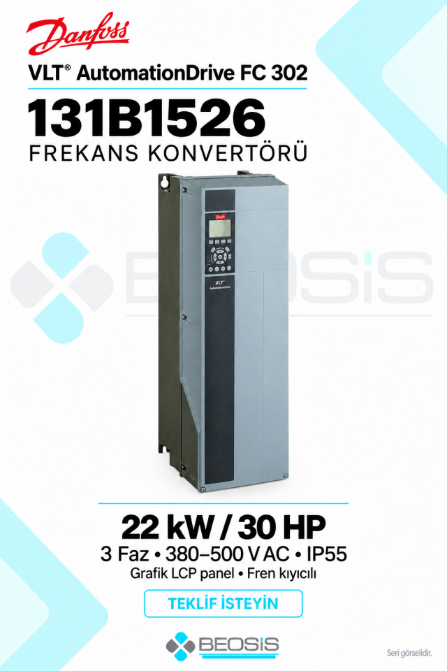 Danfoss 131B1526 VLT AutomationDrive FC 302 22 kW 380–500 V IP55 Grafik Panelli Motor Hız Kontrol Cihazı