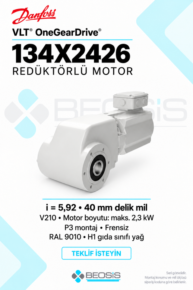 Danfoss 134X2426 VLT OneGearDrive i=5,92 40 mm Delik Mil P3 Frensiz Redüktörlü Motor