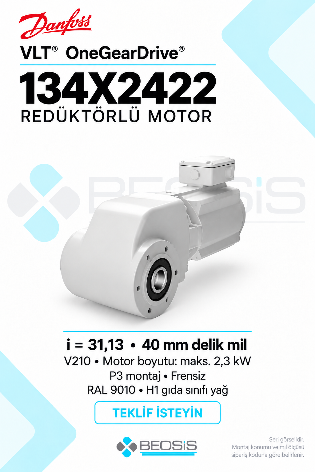 Danfoss 134X2422 VLT OneGearDrive i=31,13 40 mm Delik Mil P3 Frensiz Redüktörlü Motor