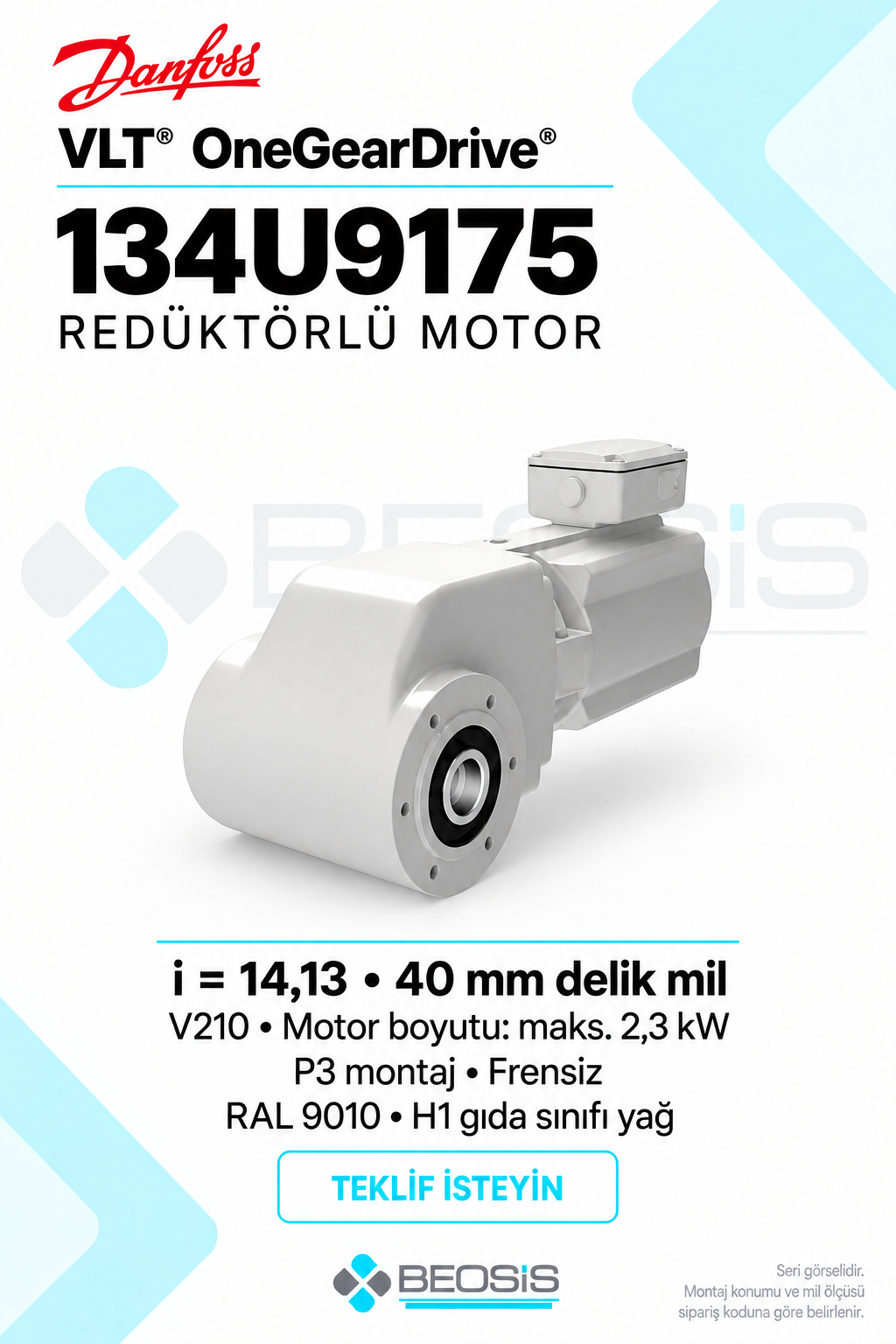 Danfoss 134U9175 VLT OneGearDrive i=14,13 40 mm Delik Mil P3 Frensiz Redüktörlü Motor