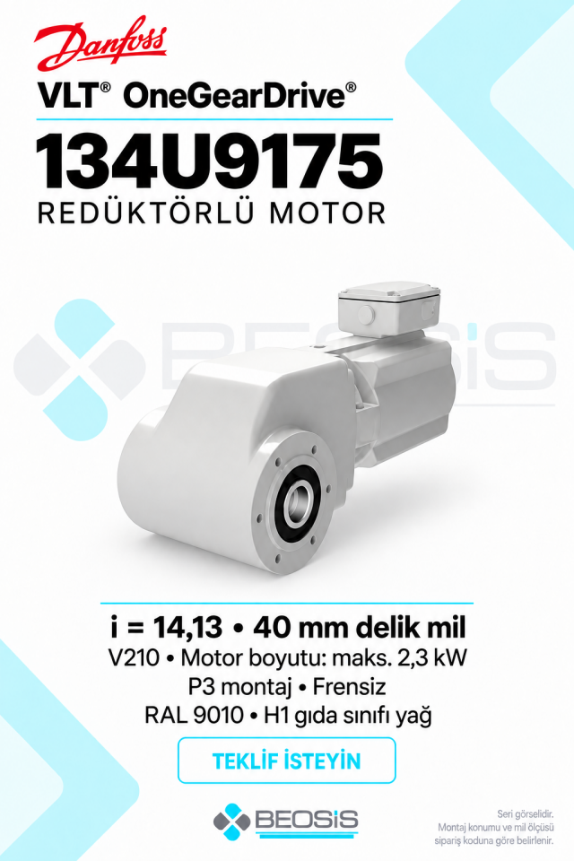 Danfoss 134U9175 VLT OneGearDrive i=14,13 40 mm Delik Mil P3 Frensiz Redüktörlü Motor
