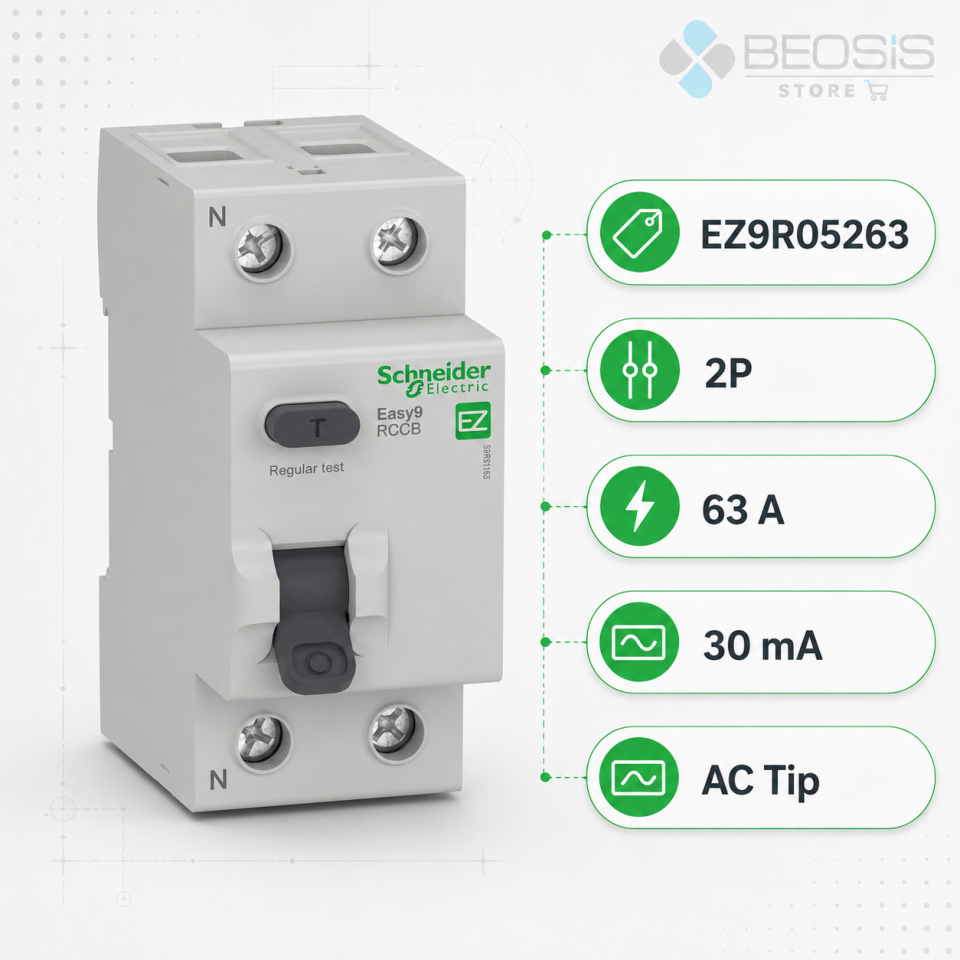 Schneider Electric Easy9 EZ9R05263 2P 63A 30mA AC Tip Kaçak Akım Koruma Rölesi