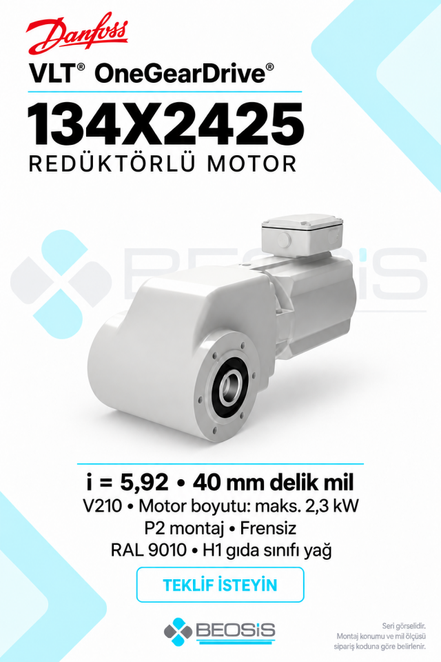 Danfoss 134X2425 VLT OneGearDrive i=5,92 40 mm Delik Mil P2 Frensiz Redüktörlü Motor