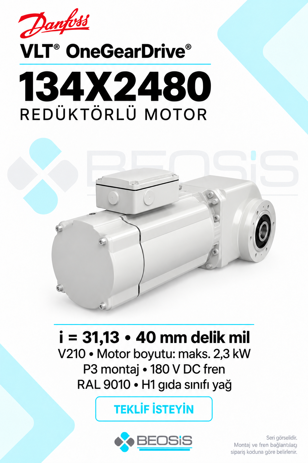 Danfoss 134X2480 VLT OneGearDrive i=31,13 40 mm Delik Mil P3 180 V DC frenli Redüktörlü Motor