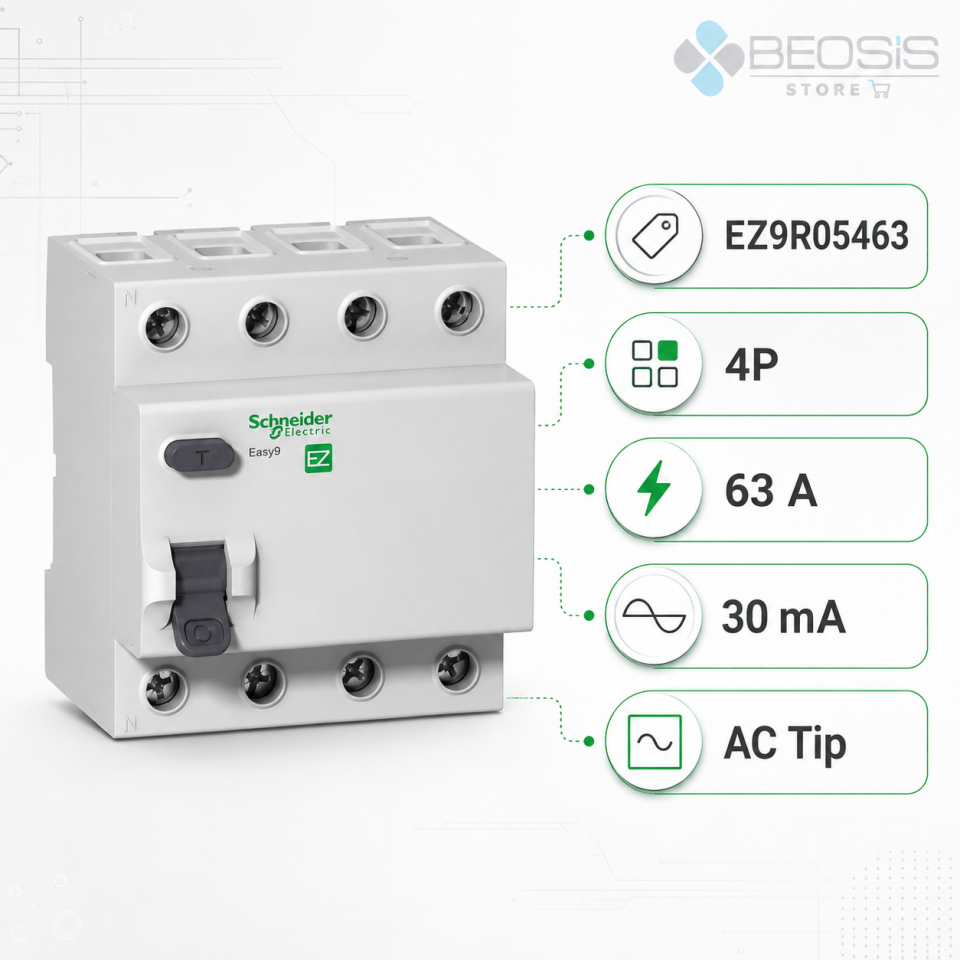 Schneider Electric Easy9 EZ9R05463 4P 63A 30mA AC Tip Kaçak Akım Koruma Rölesi