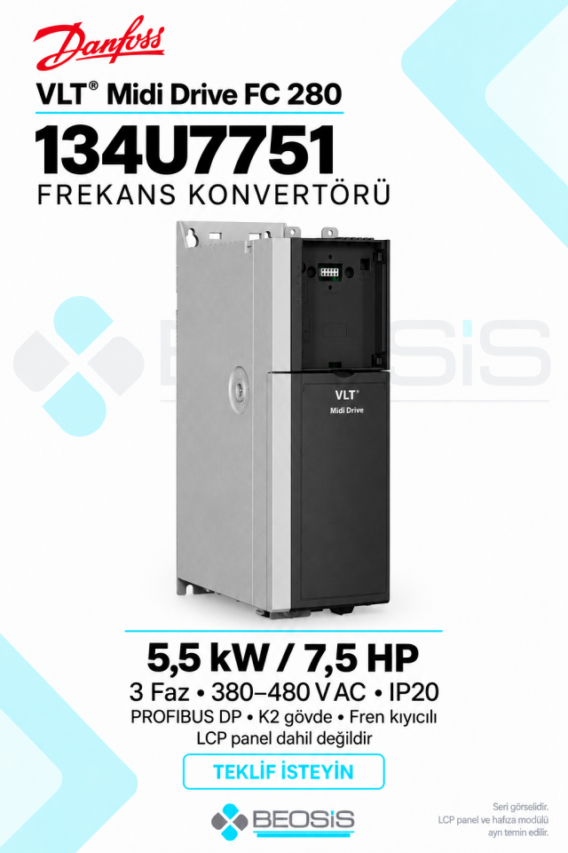 Danfoss 134U7751 VLT Midi Drive FC 280 5,5 kW 380–480 V IP20 PROFIBUS DP Panelsiz Motor Hız Kontrol Cihazı