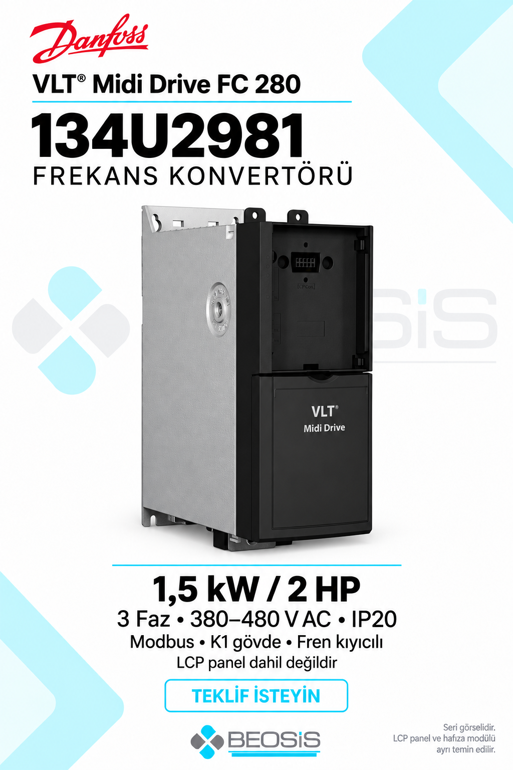 Danfoss 134U2981 VLT Midi Drive FC 280 1,5 kW 380–480 V IP20 Modbus Panelsiz Motor Hız Kontrol Cihazı