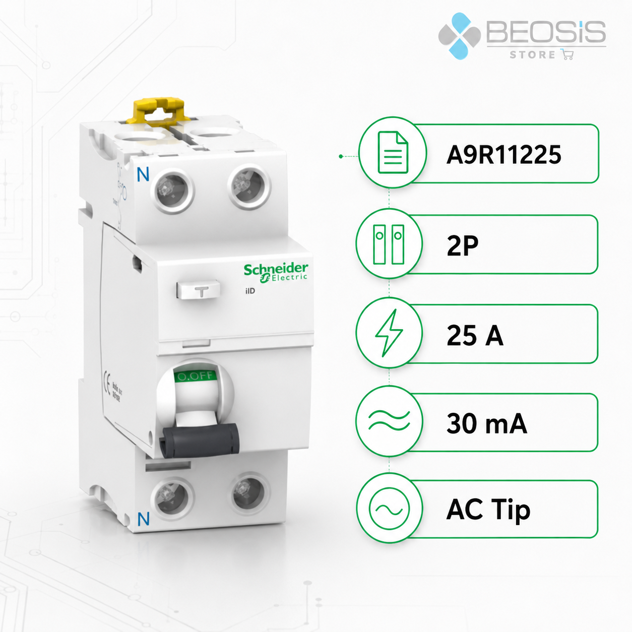 Schneider Electric Acti9 iID A9R11225 AC Tip 2P 25A 30mA Kaçak Akım Koruma Rölesi