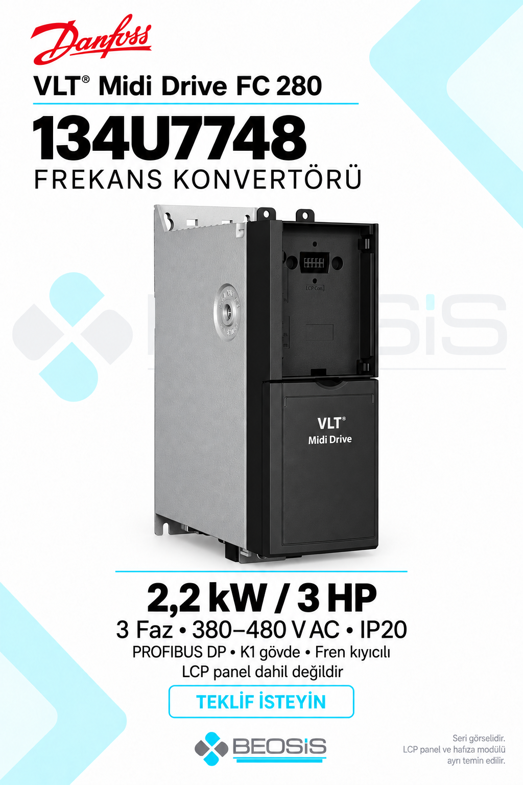 Danfoss 134U7748 VLT Midi Drive FC 280 2,2 kW 380–480 V IP20 PROFIBUS DP Panelsiz Motor Hız Kontrol Cihazı