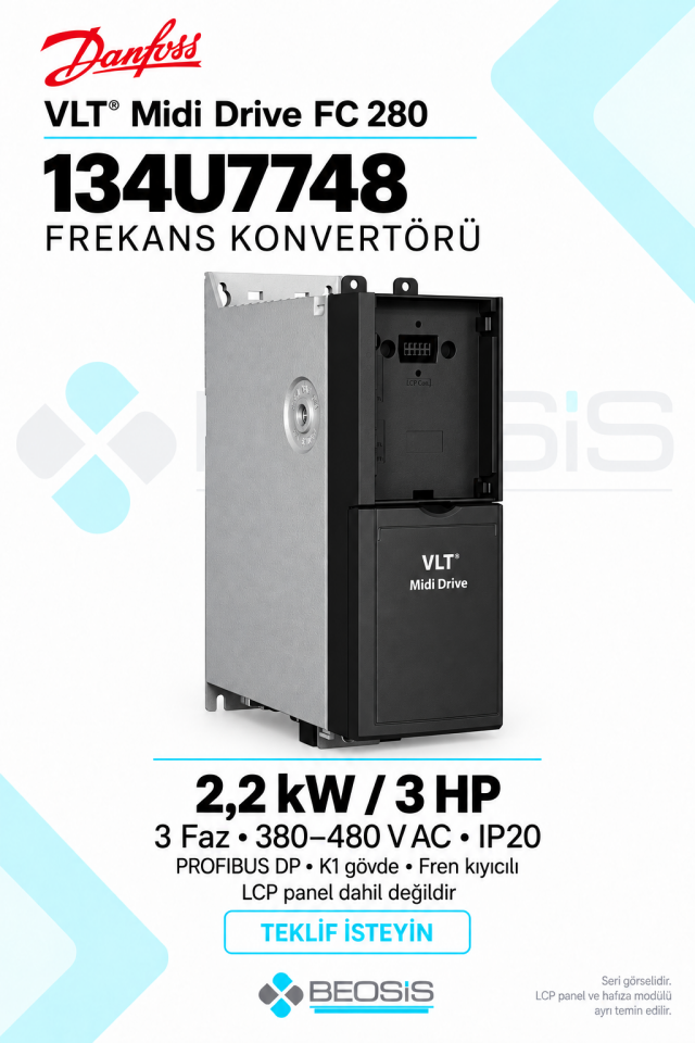 Danfoss 134U7748 VLT Midi Drive FC 280 2,2 kW 380–480 V IP20 PROFIBUS DP Panelsiz Motor Hız Kontrol Cihazı