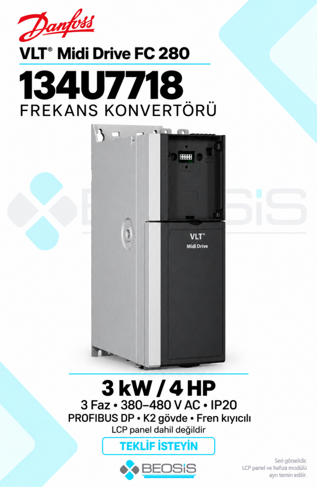 Danfoss 134U7718 VLT Midi Drive FC 280 3 kW 380–480 V IP20 PROFIBUS DP Panelsiz Motor Hız Kontrol Cihazı