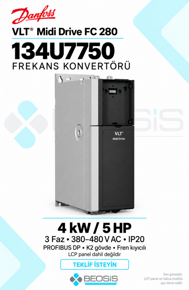 Danfoss 134U7750 VLT Midi Drive FC 280 4 kW 380–480 V IP20 PROFIBUS DP Panelsiz Motor Hız Kontrol Cihazı