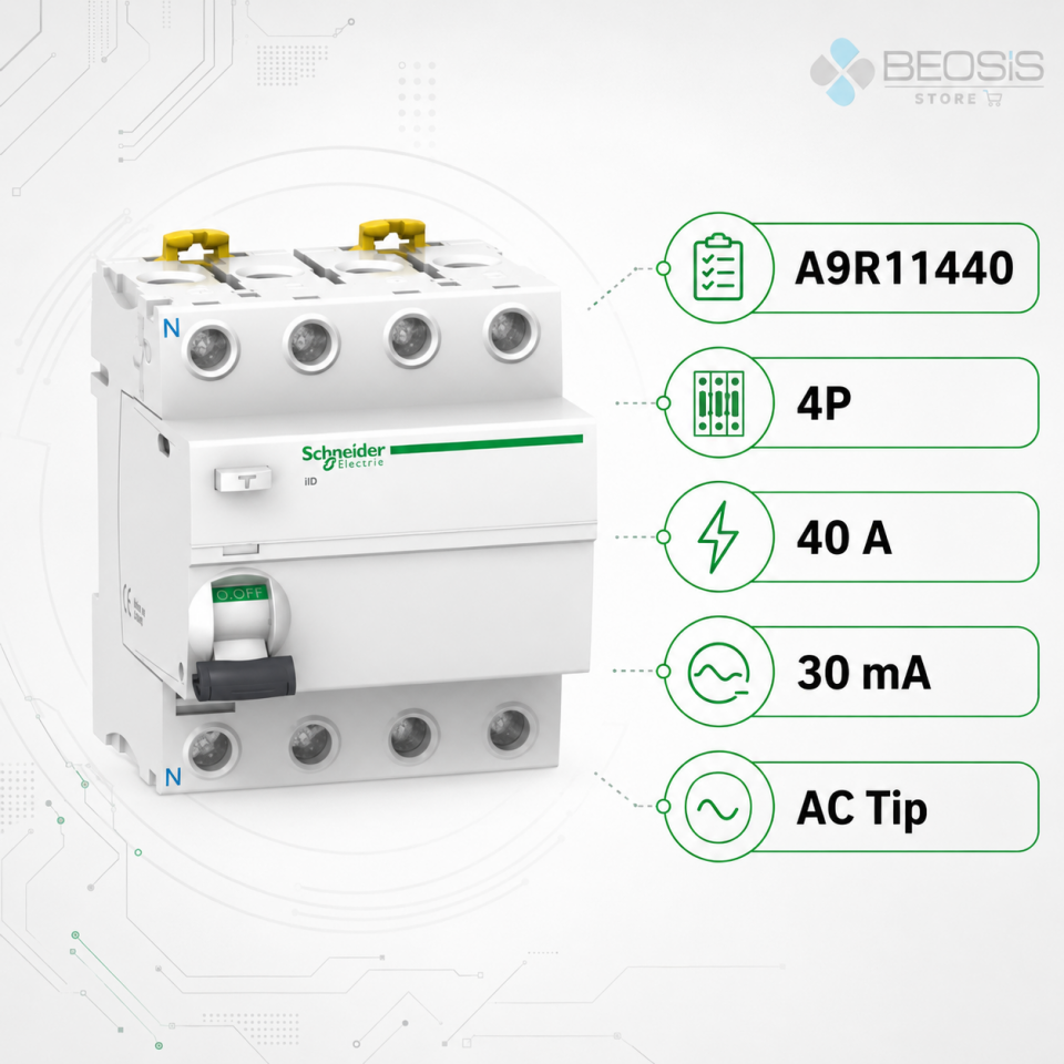 Schneider Electric Acti9 iID A9R11440 AC Tip 4P 40A 30mA Kaçak Akım Koruma Rölesi