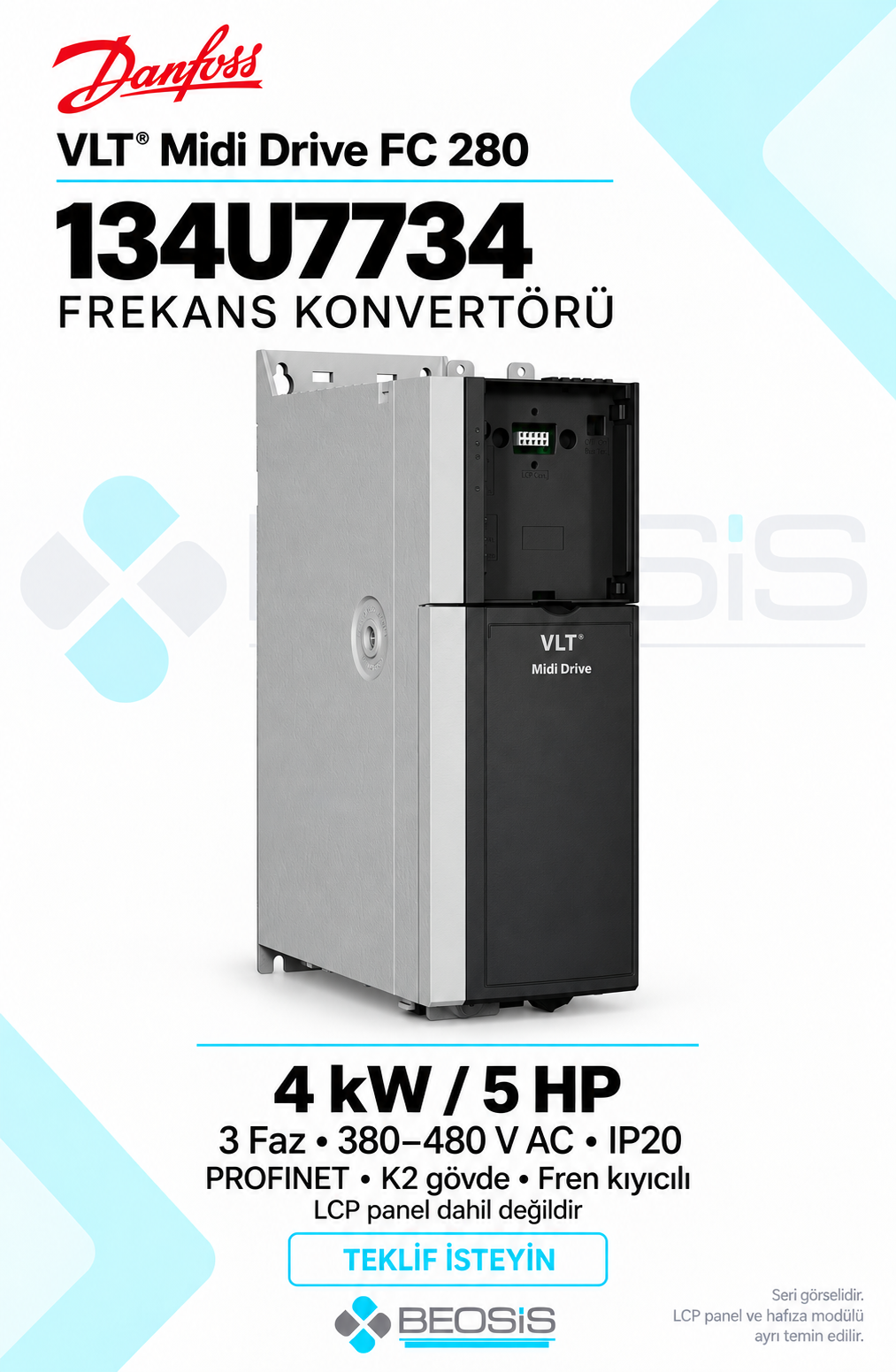 Danfoss 134U7734 VLT Midi Drive FC 280 4 kW 380–480 V IP20 PROFINET Panelsiz Motor Hız Kontrol Cihazı