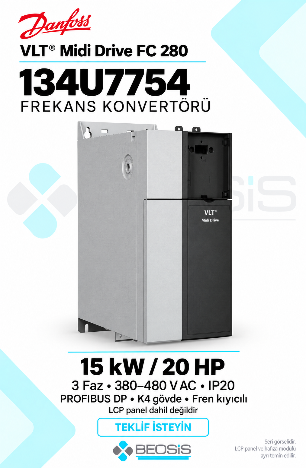 Danfoss 134U7754 VLT Midi Drive FC 280 15 kW 380–480 V IP20 PROFIBUS DP Panelsiz Motor Hız Kontrol Cihazı