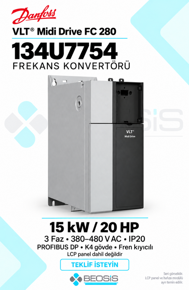 Danfoss 134U7754 VLT Midi Drive FC 280 15 kW 380–480 V IP20 PROFIBUS DP Panelsiz Motor Hız Kontrol Cihazı