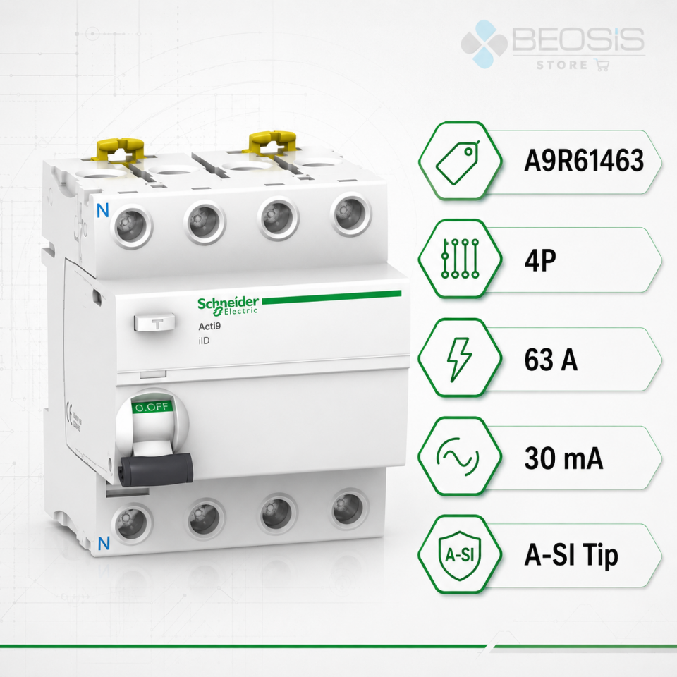 Schneider Electric Acti9 iID A9R61463 A-SI Tip 4P 63A 30mA Kaçak Akım Koruma Rölesi