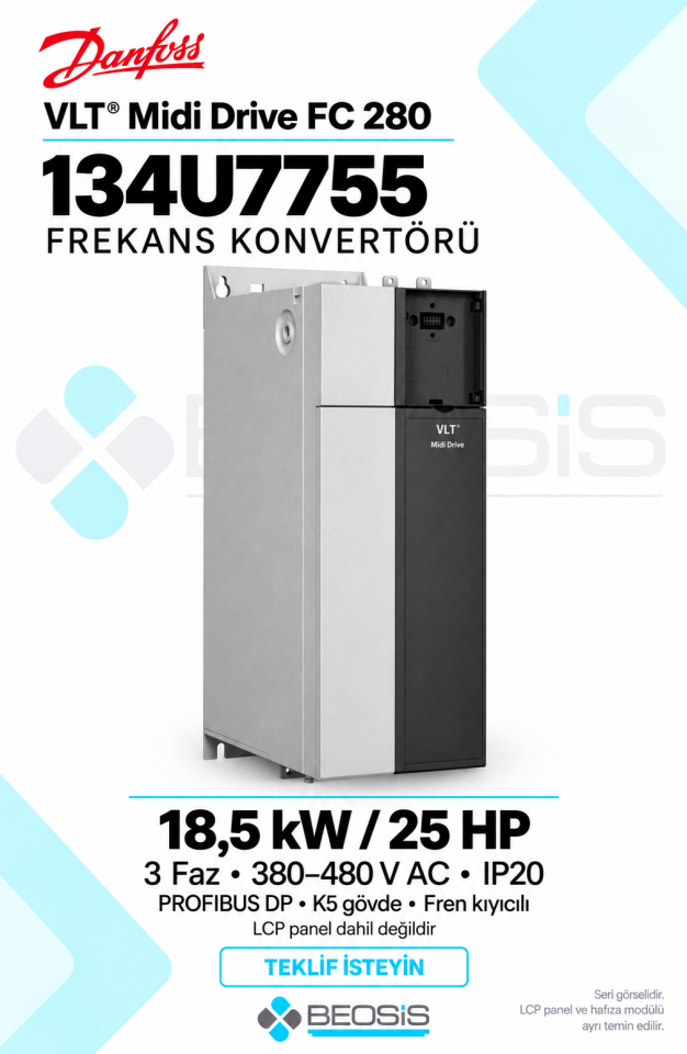 Danfoss 134U7755 VLT Midi Drive FC 280 18,5 kW 380–480 V IP20 PROFIBUS DP Panelsiz Motor Hız Kontrol Cihazı