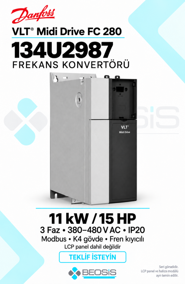Danfoss 134U2987 VLT Midi Drive FC 280 11 kW 380–480 V IP20 Modbus Panelsiz Motor Hız Kontrol Cihazı