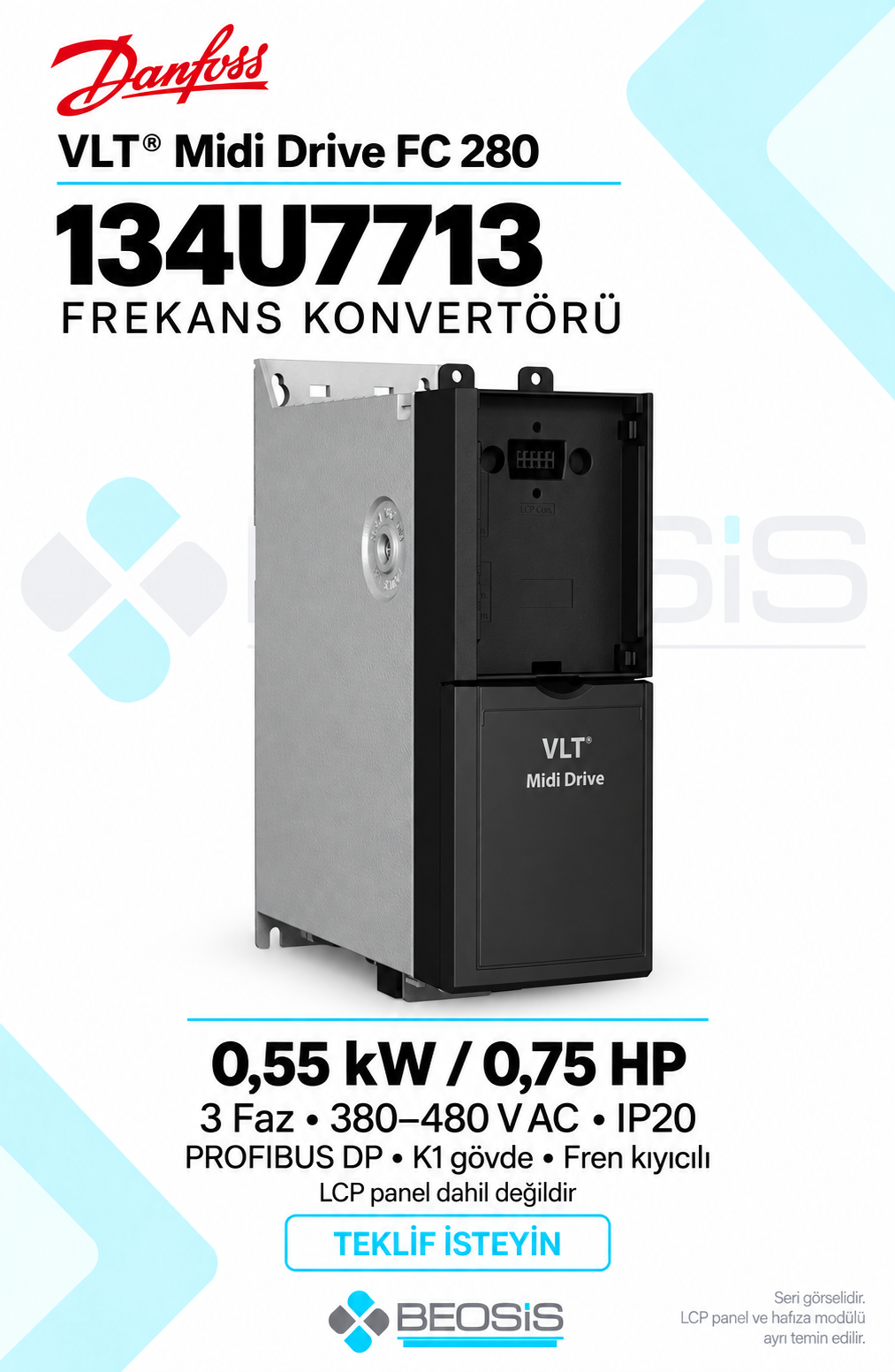 Danfoss 134U7713 VLT Midi Drive FC 280 0,55 kW 380–480 V IP20 PROFIBUS DP Panelsiz Motor Hız Kontrol Cihazı