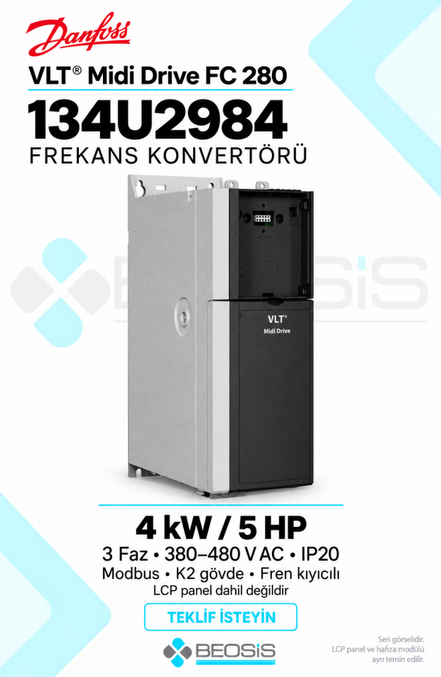 Danfoss 134U2984 VLT Midi Drive FC 280 4 kW 380–480 V IP20 Modbus Panelsiz Motor Hız Kontrol Cihazı
