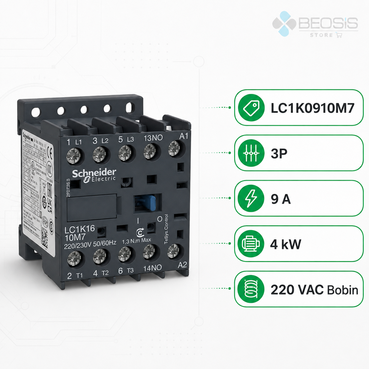 Schneider Electric TeSys K LC1K0910M7 3P 9A 4kW 220–230 V AC Bobin 1NO Yardımcı Kontak Kontaktör