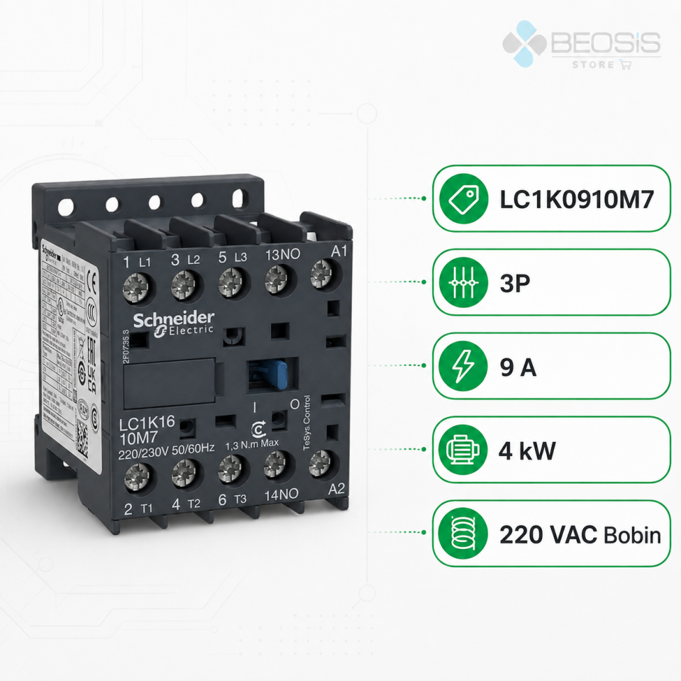 Schneider Electric TeSys K LC1K0910M7 3P 9A 4kW 220–230 V AC Bobin 1NO Yardımcı Kontak Kontaktör