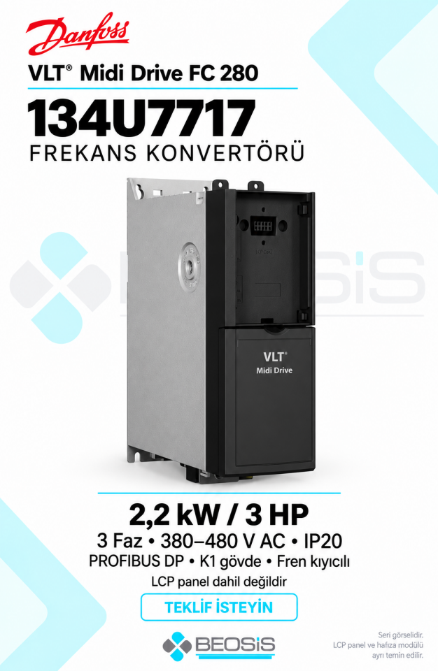 Danfoss 134U7717 VLT Midi Drive FC 280 2,2 kW 380–480 V IP20 PROFIBUS DP Panelsiz Motor Hız Kontrol Cihazı